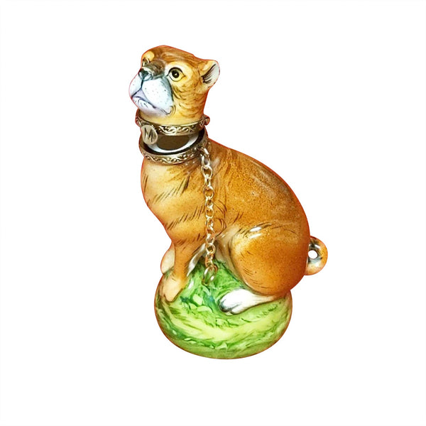 Boxer Dog Figurine Limoges Box on Green Base