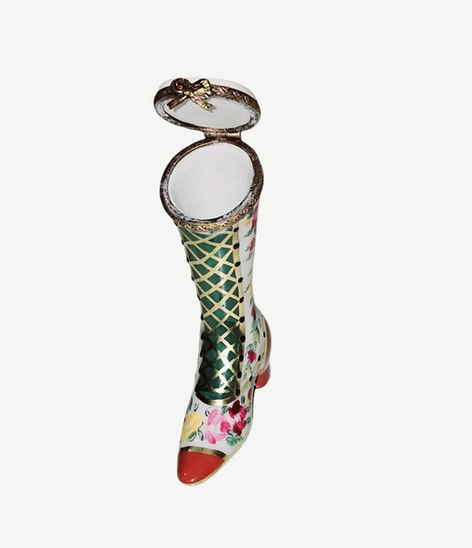 Victorian Elegance Red Tip Boot Porcelain Limoges Shoe hat French Trinket Box