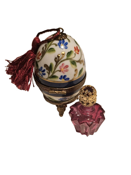 Blue Perfume Egg w Flowers on Stand Authentic Limoges Box