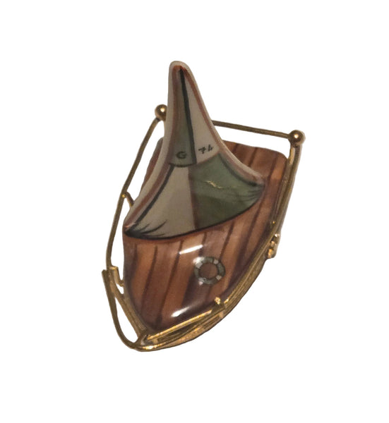 Brown Sailboat w Brass Limoges Box Hand-Painted Limoges Box