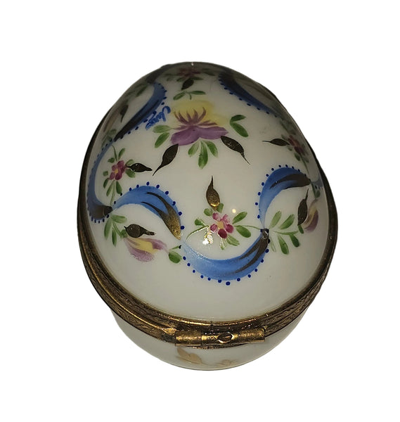 White Egg Blue Ribbon w Light Flowers Limoges Porcelain Box