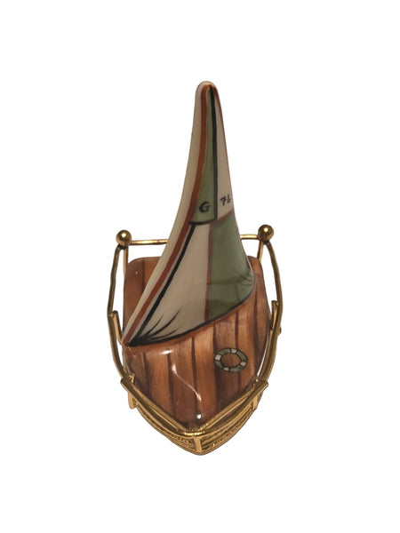 Brown Sailboat w Brass Limoges Box Hand-Painted Limoges Box