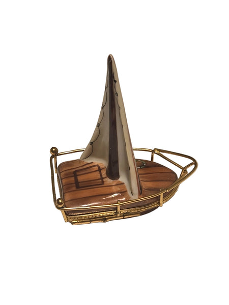 Brown Sailboat w Brass Limoges Box Hand-Painted Limoges Box