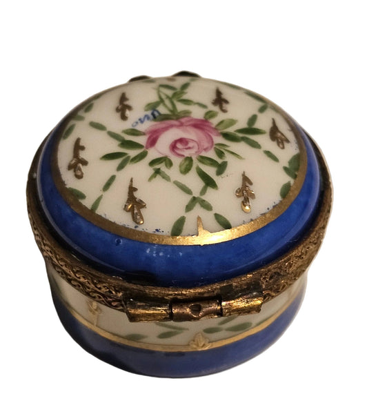 Small Blue Round w Flower Box | Limoges Box) Authentic Limoges Box