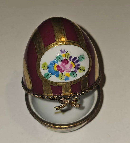 Maroon and Gold Striped Egg with Flowers | Limoges Box