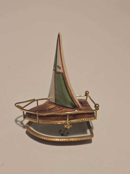 Brown Sailboat w Brass Limoges Box Hand-Painted Limoges Box