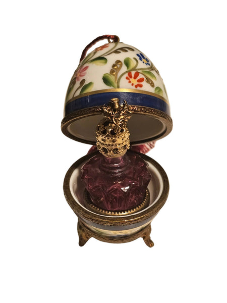 Blue Perfume Egg w Flowers on Stand Authentic Limoges Box