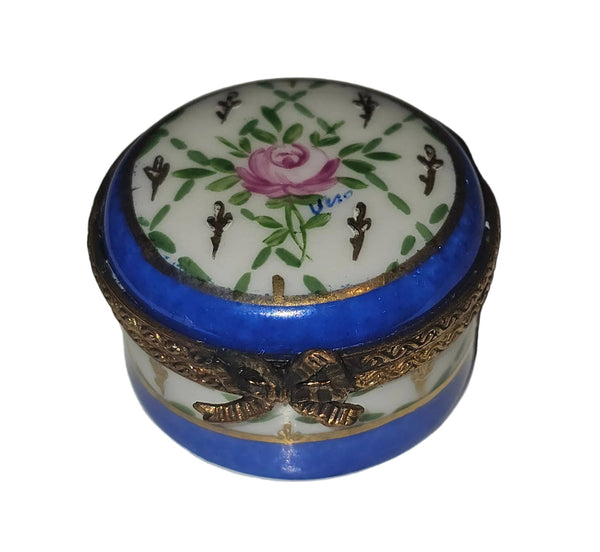 Small Blue Round w Flower Box | Limoges Box) Authentic Limoges Box