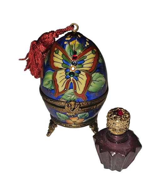 Butterfly Perfume Egg on Stand w Tassel Authentic Limoges Box