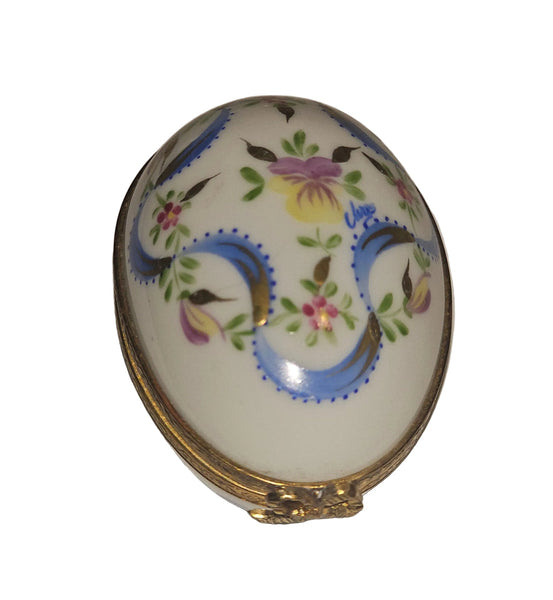White Egg Blue Ribbon w Light Flowers Limoges Porcelain Box
