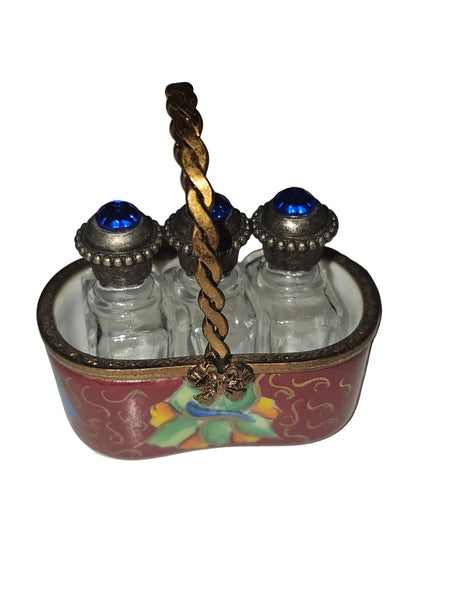 3 Perfumes in Maroon Basket Limoges Trinket Box