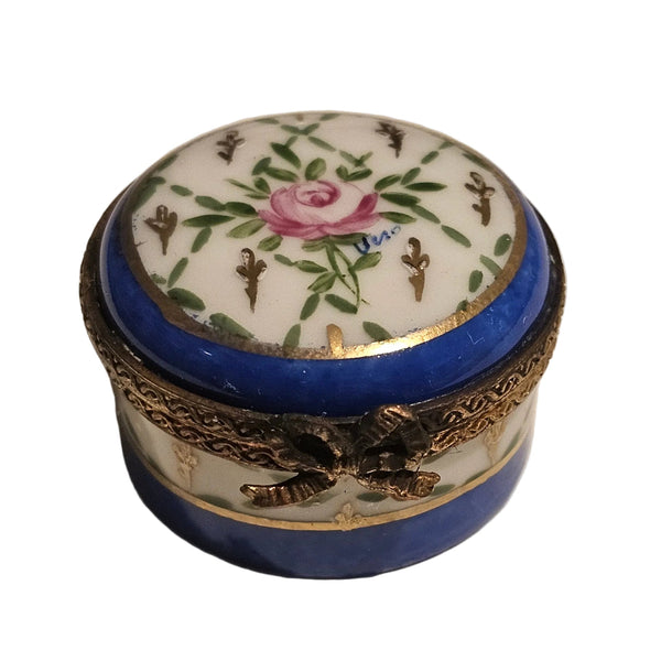 Small Blue Round w Flower Box | Limoges Box) Authentic Limoges Box