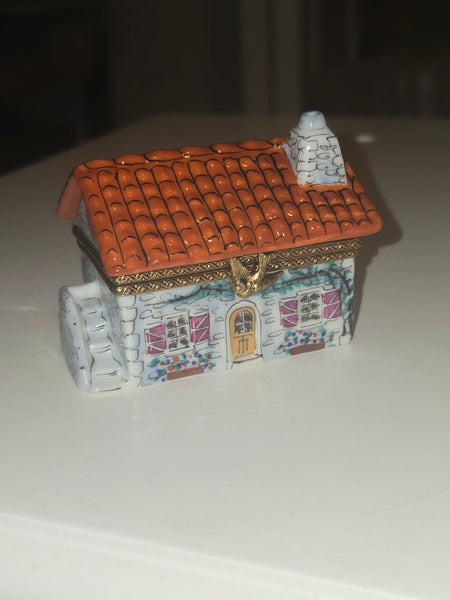 White House w Red Roof Limoges Box | Cottage Home Gift Authentic Limoges Box
