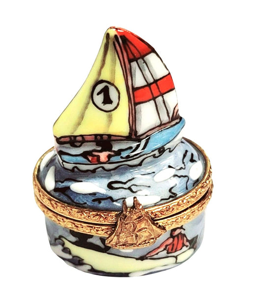 Vintage Limoges hand-painted porcelain sailboat trinket box with gold-tone clasp