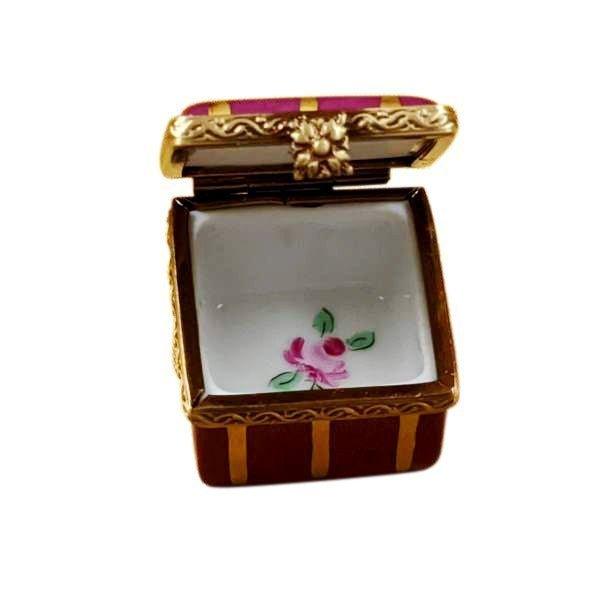 Small Burgundy Square with Gold Stripes and Flowers Porcelain Limoges Traditional French Trinket Box