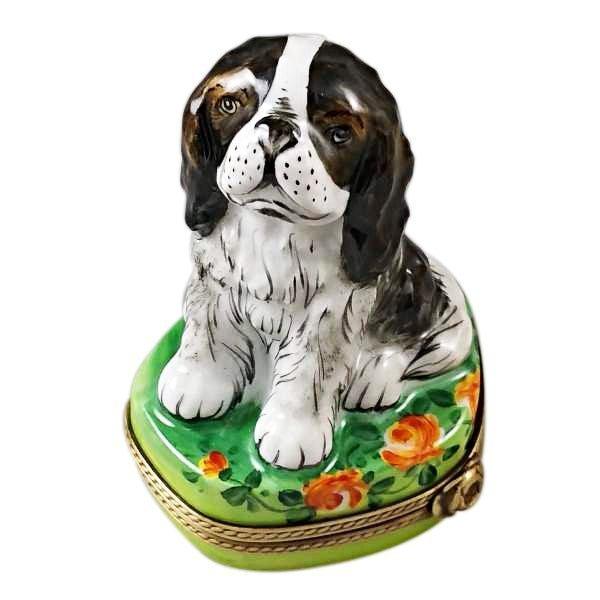 Tri Color King Charles Spaniel Porcelain Limoges Dog French Trinket Box