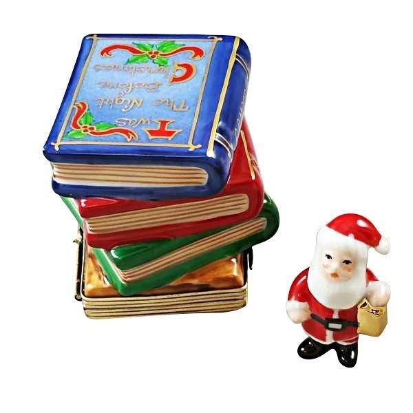 Twas the Night Before Christmas Stack of Books with Removable Santa Porcelain Limoges xmas theme santa French Trinket Box
