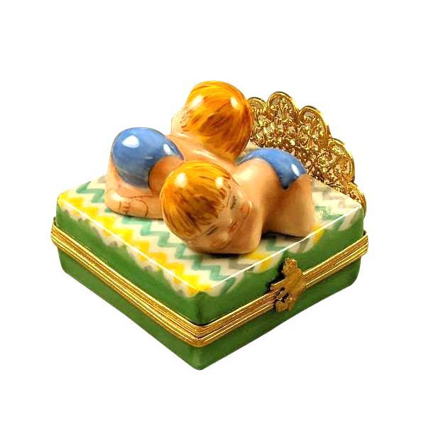Twin Boys on Bed Porcelain Limoges baby figurines maternity French Trinket Box