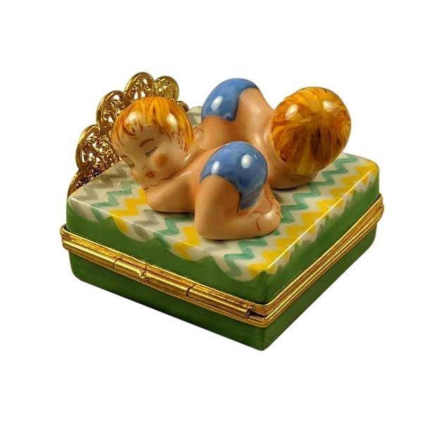 Twin Boys on Bed Porcelain Limoges baby figurines maternity French Trinket Box