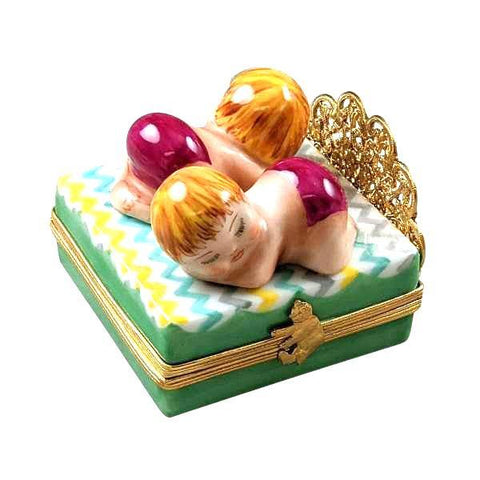Twin Girls On Bed Porcelain Limoges baby figurines maternity French Trinket Box