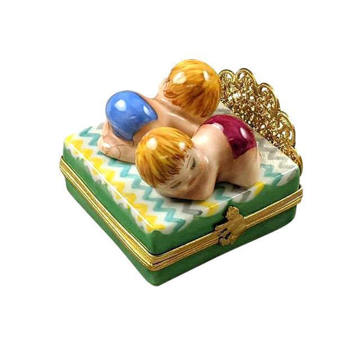 Twins on Bed - 1 Boy, 1 Girl Porcelain Limoges baby figurines maternity French Trinket Box