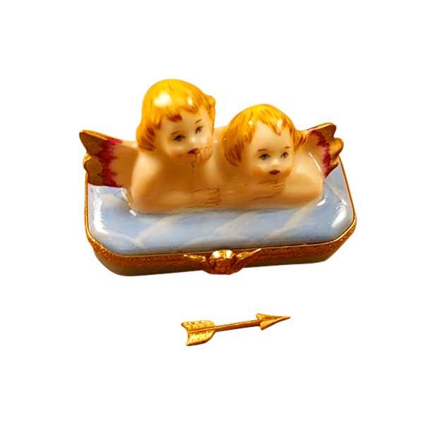 Two Angels on Blue Base with Removable Arrow Porcelain Limoges Angel French Trinket Box