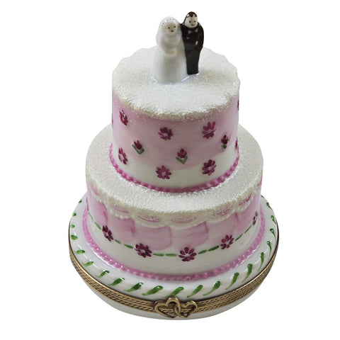 Wedding Couple on Pink White Cake Porcelain Limoges Wedding Anniversary French Trinket Box
