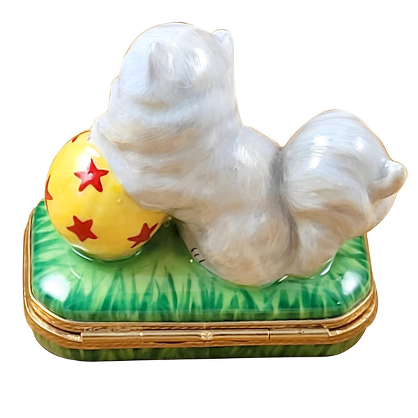 White Persian Cat w Ball Porcelain Limoges cat kitten French Trinket Box