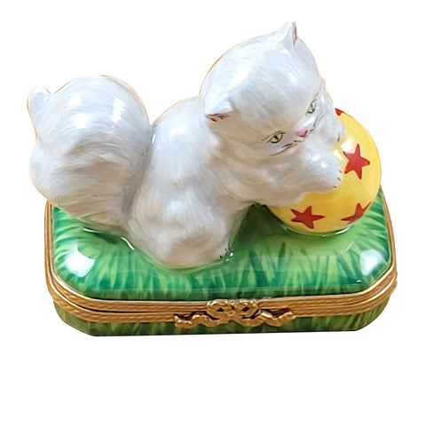 White Persian Cat w Ball Porcelain Limoges cat kitten French Trinket Box