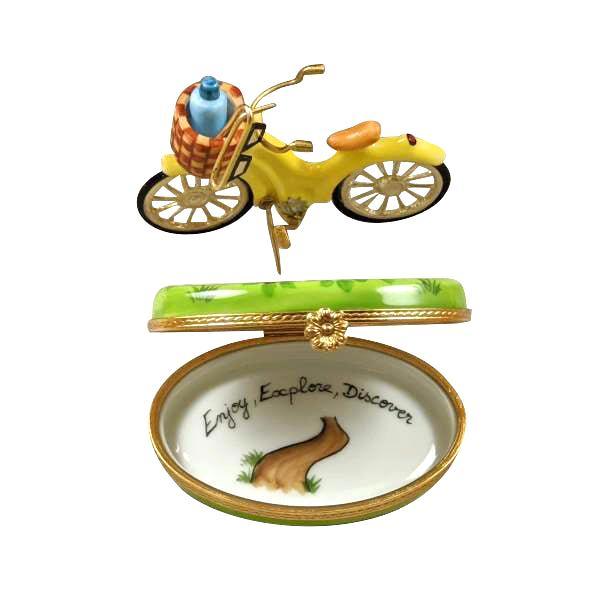Yellow Beach Cruiser with Brass Sunglasses Porcelain Limoges sports beach vehicle French Trinket Box