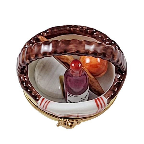 Yellow Picnic Basket with Bread, Wine, Cheese And Fruit Porcelain Limoges Food Beach Basket French Trinket Box