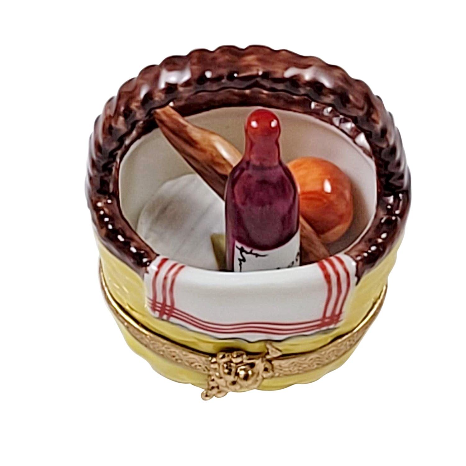 Yellow Picnic Basket with Bread, Wine, Cheese And Fruit Porcelain Limoges Food Beach Basket French Trinket Box