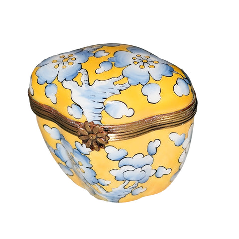 Yellow Scalloped Box with Blue Flowers Porcelain Limoges traditional French Trinket Box