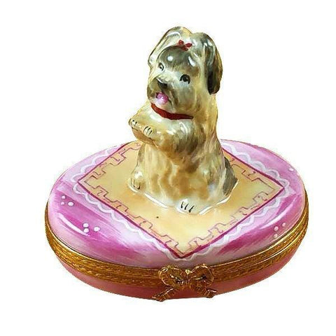 Yorkie on Pink Base Porcelain Limoges dog French Trinket Box