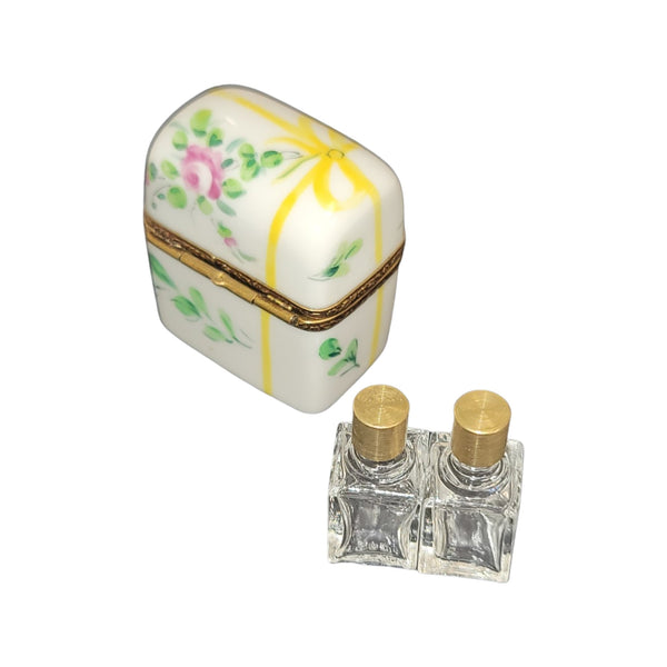 2 Perfume Yellow Bow Tall Flowers Porcelain Limoges Trinket Box