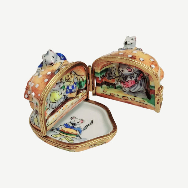 3 Hinged Mice House Eating Cheeseburger Rare Porcelain Limoges Trinket Box