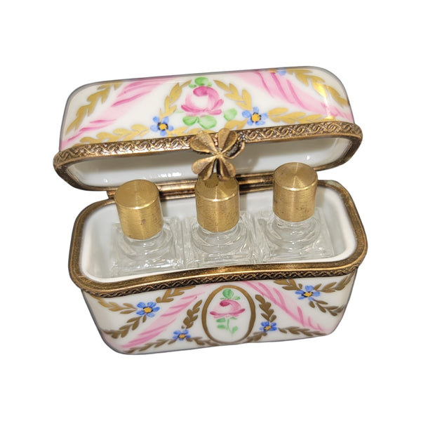 3 Perfume Pink Gold Flowers Porcelain Limoges Trinket Box
