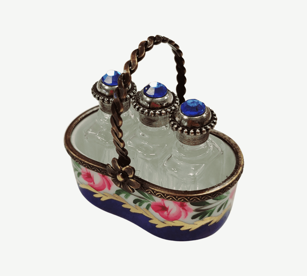 3 Perfumes in Basket Blue Rare Porcelain Limoges Trinket Box