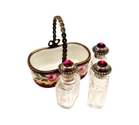 3 Perfumes in Basket Maroon Rare Porcelain Limoges Trinket Box