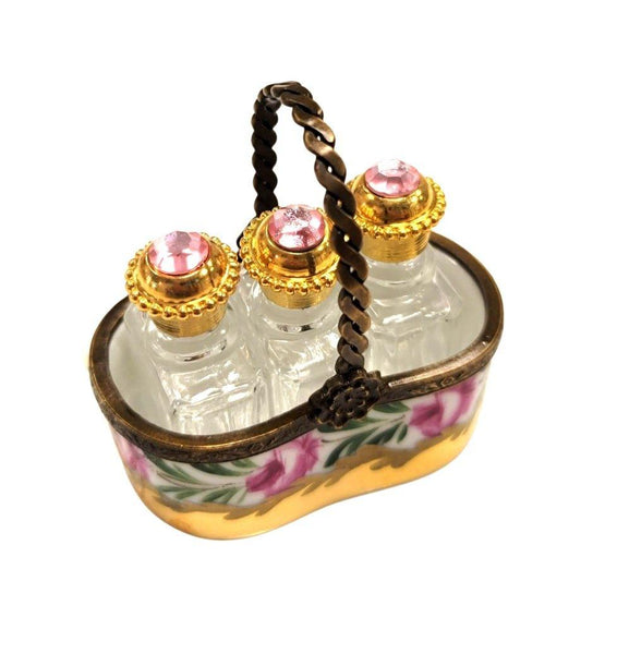 3 Perfumes in Gold Basket Rare Porcelain Limoges Trinket Box