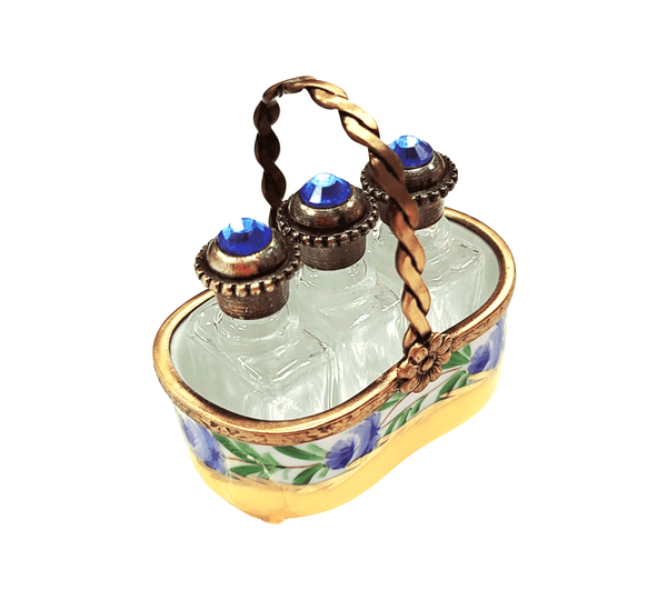 3 Perfumes in Yellow Basket Rare Porcelain Limoges Trinket Box