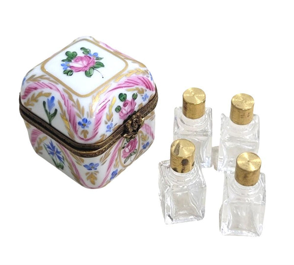 4 Perfume Pink Roses in Square Porcelain Limoges Trinket Box