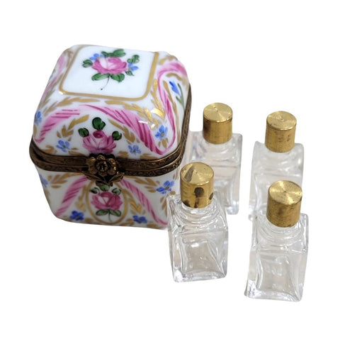 4 Perfume Pink Roses in Square Porcelain Limoges Trinket Box