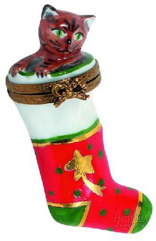 Stocking With Christmas Kitten Limoges Box-cat christmas stocking-Limoges Box Boutique