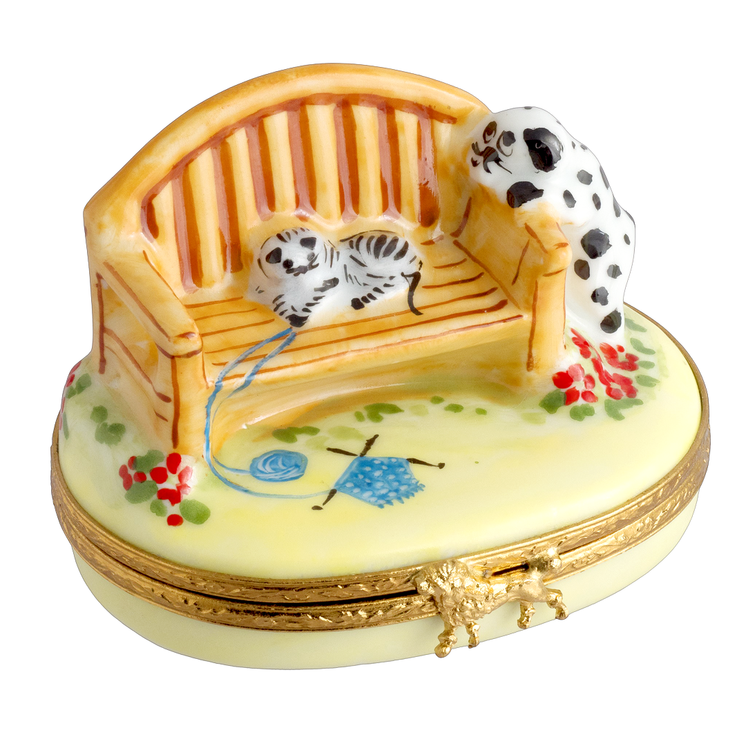 Garden Bench dalmation dog cat Limoges Porcelain Box