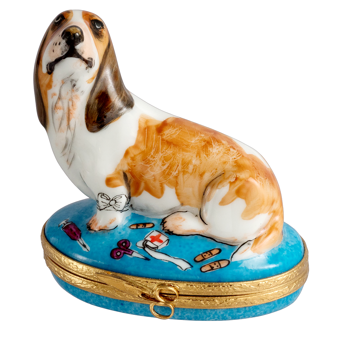 Injured Basset Hound Dog Limoges Porcelain Box