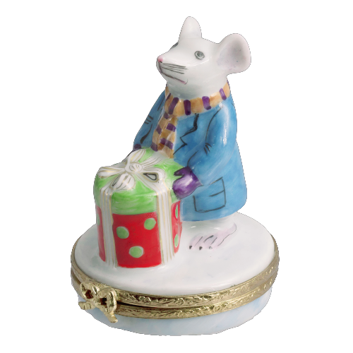 Mouse Bearing Christmas Present Limoges Porcelain Box
