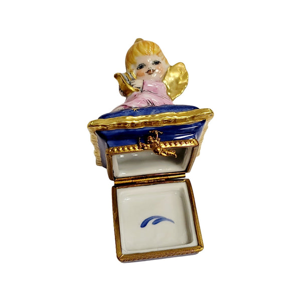 Angel w Harp on Blue Pillow Detailed Piece Porcelain Limoges Trinket Box