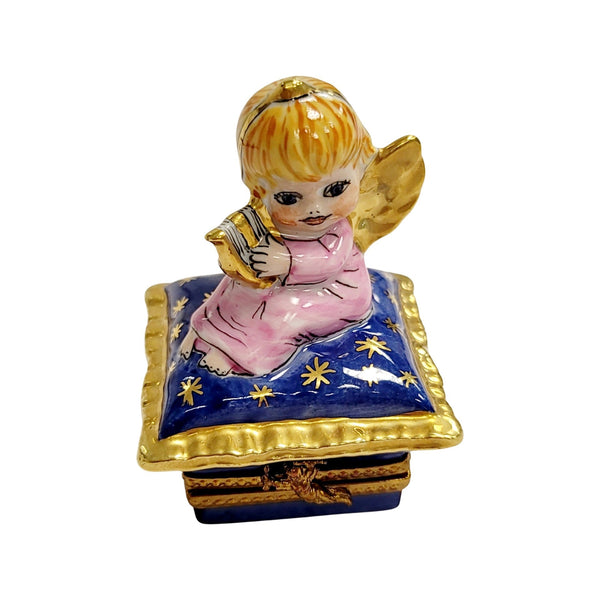 Angel w Harp on Blue Pillow Detailed Piece Porcelain Limoges Trinket Box
