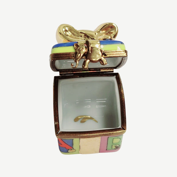 Baby Block Gold Ribbon Present Gift Porcelain Limoges Trinket Box